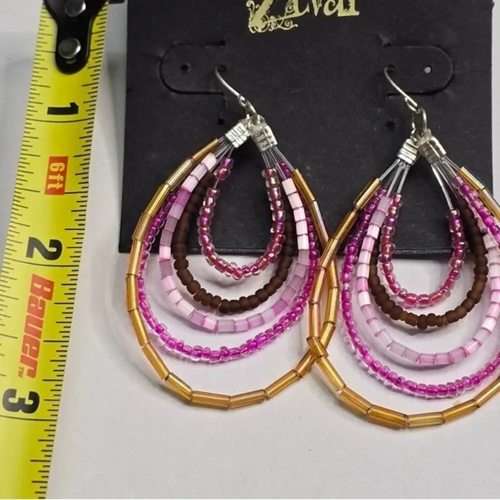 Treska Zevar Beaded Teardrop Earrings Multi Layer Pink Gold Brown Boho Statement